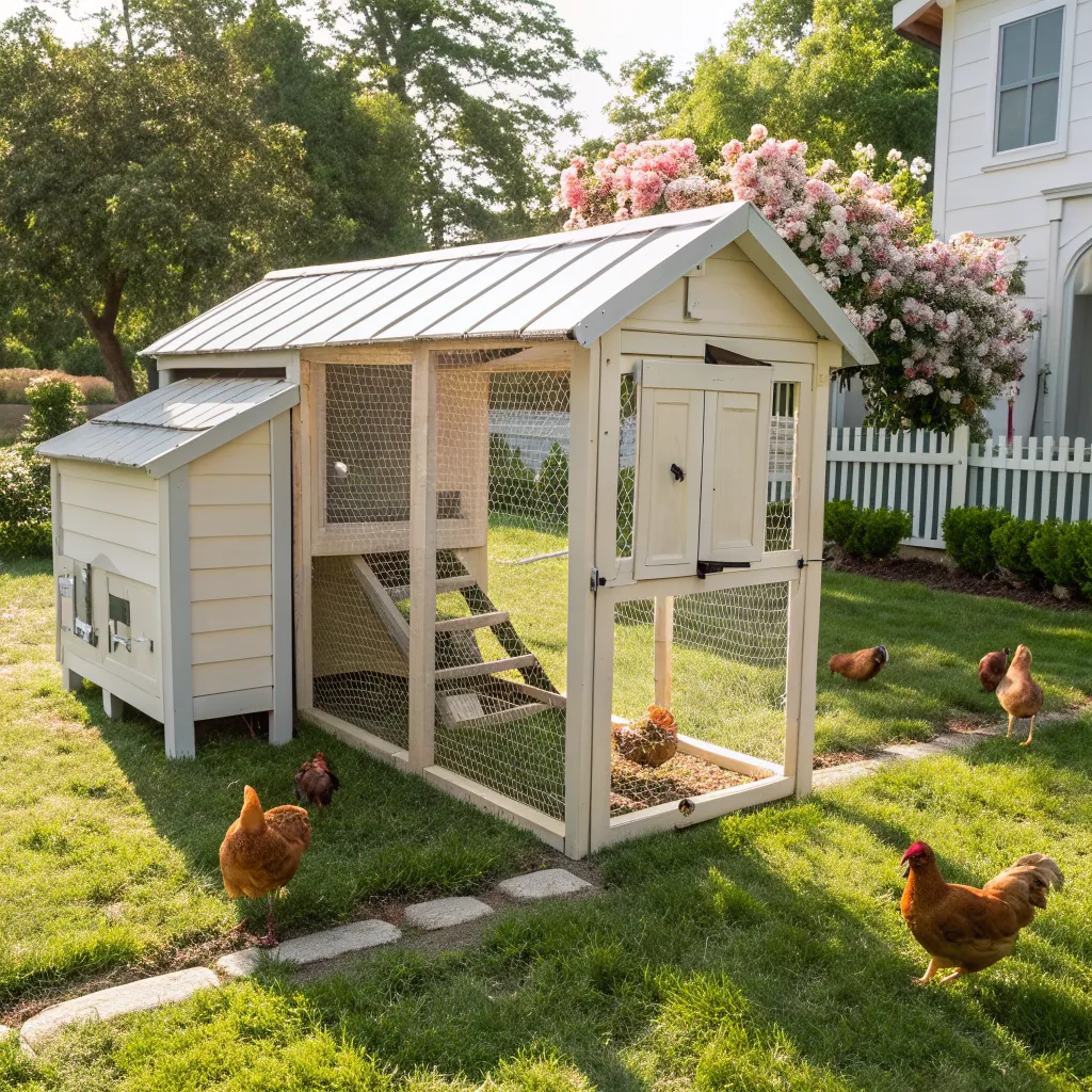 Backyard chicken coop with healthy hens